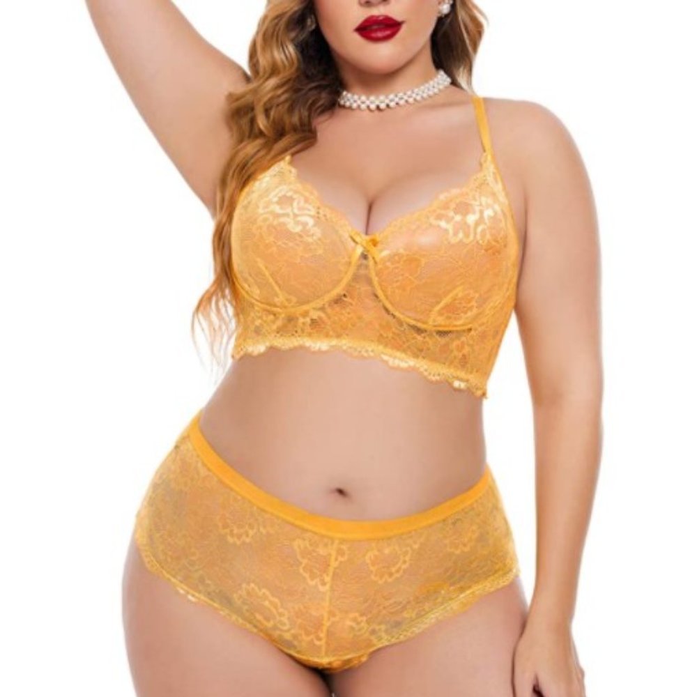 Women's Yellow Plus Size Lace Floral Underbust Bra High Waist Panty Lingerie Set